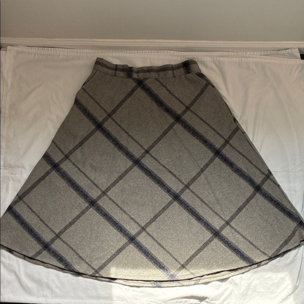 Tanming Gray Plaid Blue Stripe Wool Blend Long Skirt Size XL Lined